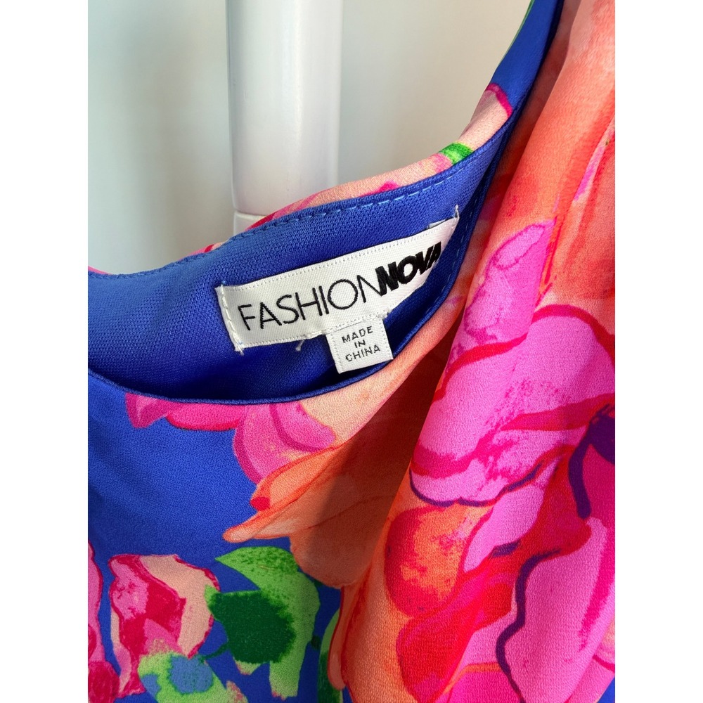 Fashion Nova One Shoulder Maxi Dress Blue Pink Floral Kimono Sleeve Tropical L - Picture 5 of 6